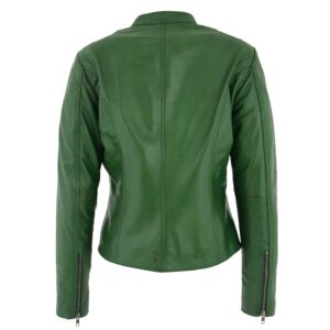 BUNERI Women’s Green Leather Biker Jacket with Standing Collar