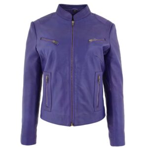 BUNERI Women’s Leather Jacket in Purple with Standing Collar