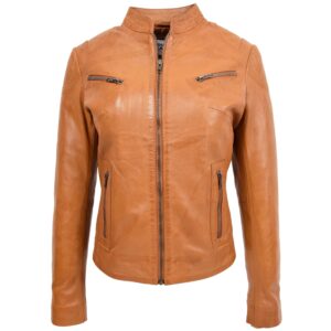 BUNERI Women’s Leather Standing Collar Jacket Tan