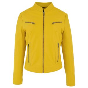 BUNERI Vibrant Yellow Women’s Standing Collar Leather Jacket
