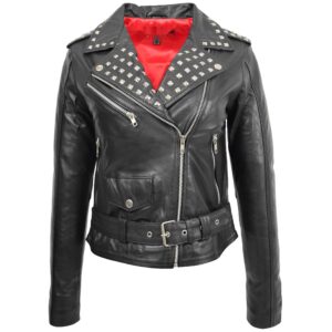 BUNERI Women’s Leather Studded Brando Style Jacket Black