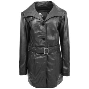 BUNERI Women’s Leather Trench Coat Black with Belt