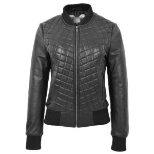 BUNERI Black Leather Varsity Quilted Bomber Jacket