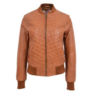 BUNERI Women’s Tan Quilted Leather Varsity Bomber Jacket