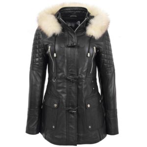 BUNERI Women’s Original Duffle Style Leather Coat Black