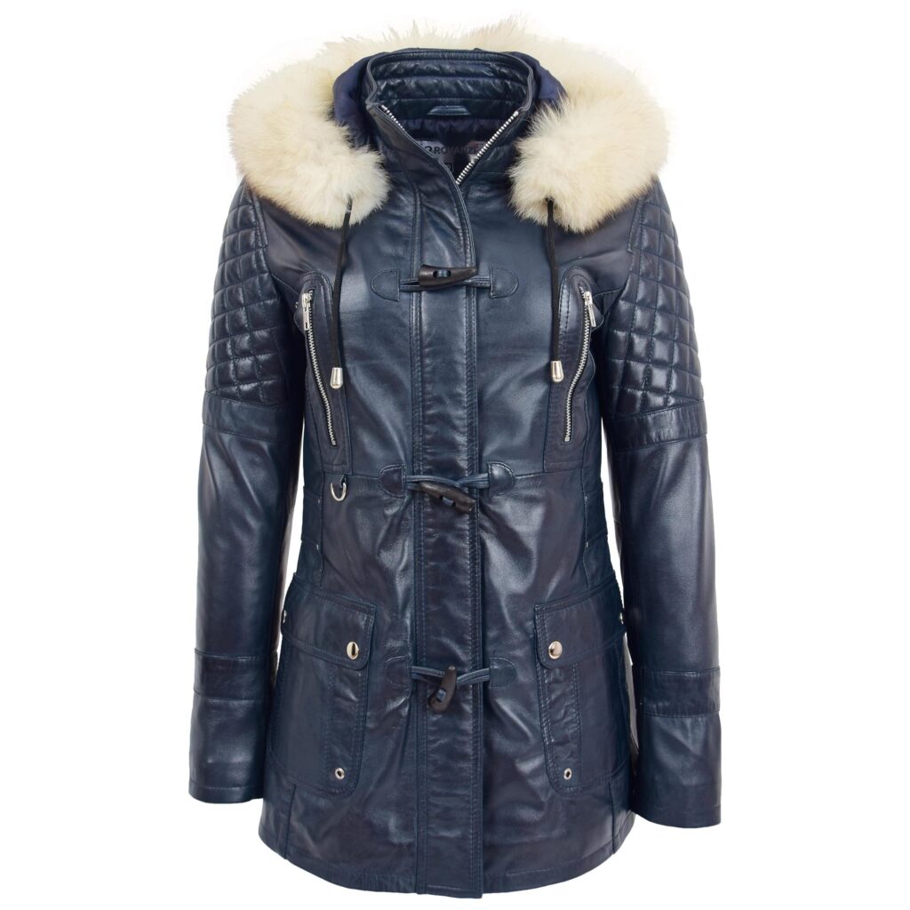 BUNERI Women's Original Duffle Style Leather Coat Blue
