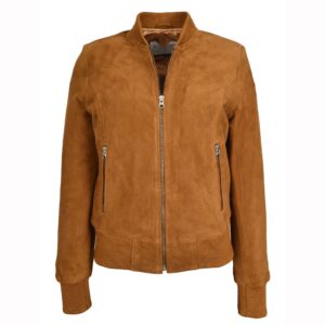 BUNERI Women’s Cognac Genuine Suede Leather Bomber MA-1 Jacket