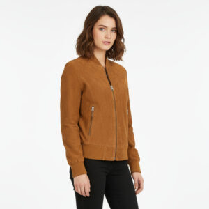 BUNERI Women’s Cognac Genuine Suede Leather Bomber MA-1 Jacket