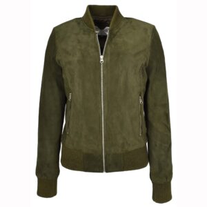 BUNERI Women’s Khaki Green Goat Suede MA-1 Bomber Jacket