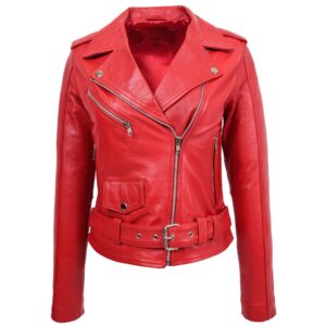 BUNERI Women’s Genuine Leather Biker Brando Style Jacket Red