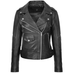 BUNERI Black Real Leather Cross-Zip Fashion Biker Jacket