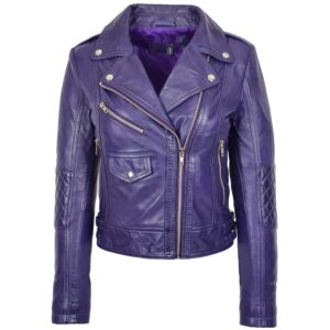 BUNERI Women’s Real Leather Biker Cross Zip Fashion Jacket Purple
