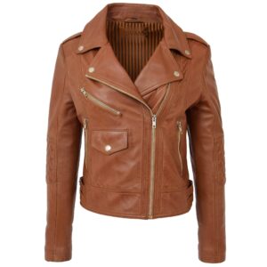 BUNERI Women’s Tan Leather Cross-Zip Biker Jacket