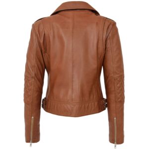 BUNERI Women’s Tan Leather Cross-Zip Biker Jacket