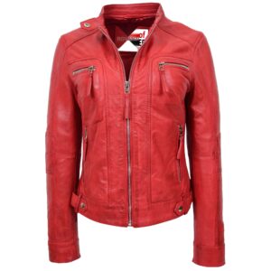 BUNERI Red Real Leather Casual Biker Jacket