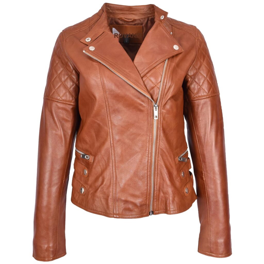 BUNERI Women's Real Leather Biker Jacket Classic Cross-Zip Style Chestnut Tan