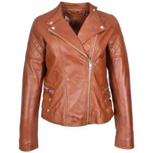 BUNERI Women’s Real Leather Biker Jacket Classic Cross-Zip Style Chestnut Tan