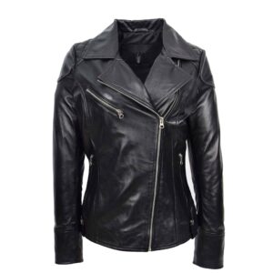 BUNERI Black Real Leather Cross Zip Biker Jacket