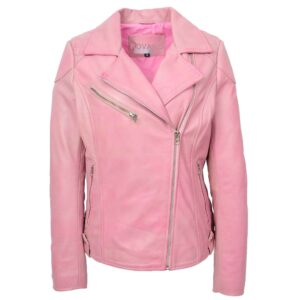 BUNERI Pink Women’s Real Leather Biker Jacket with Cross Zip Pockets