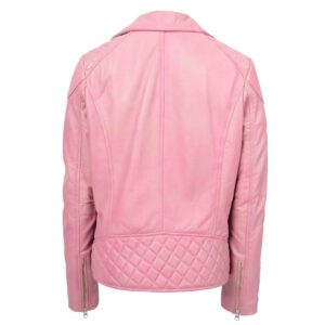 BUNERI Pink Women’s Real Leather Biker Jacket with Cross Zip Pockets