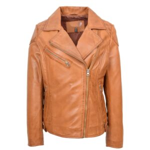 BUNERI Tan Real Leather Biker Jacket Cross-Zip