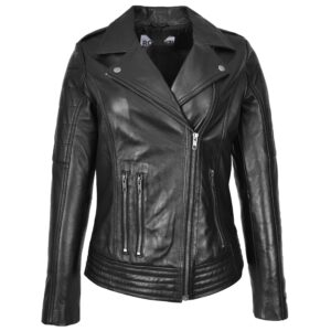 BUNERI Black Real Leather Cross-Zip Biker Jacket
