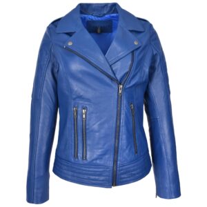 BUNERI Women’s Real Leather Biker Jacket Cross Zip Style Blue