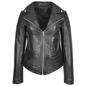 BUNERI Women’s Real Leather Biker Jacket Trendy Fitted Casual Style Black