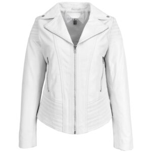 BUNERI Women’s Real Leather Biker Jacket Trendy Fitted White