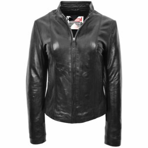 BUNERI Black Real Leather Casual Biker Jacket Women