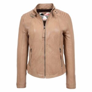 BUNERI Women’s Real Leather Classic Biker Jacket Beige