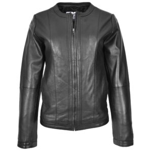 BUNERI Women’s Leather Collarless Fashion Jacket Slim Fit Black