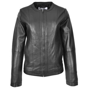 BUNERI Women’s Leather Collarless Fashion Jacket Slim Fit Black