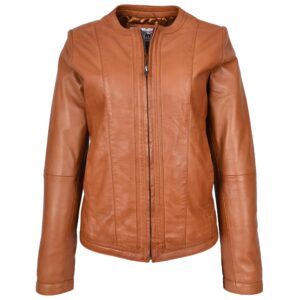 BUNERI Women’s Tan Leather Jacket Slim Fit Collarless
