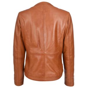 BUNERI Women’s Tan Leather Jacket Slim Fit Collarless