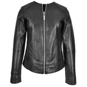 BUNERI Black Leather Collarless Classic Style Jacket