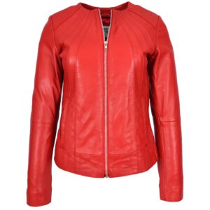 BUNERI Women’s Red Real Leather Collarless Classic Jacket