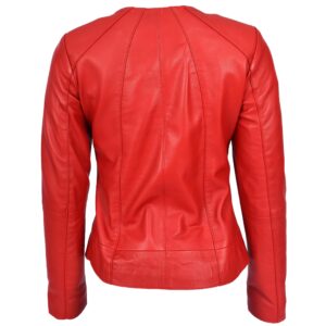 BUNERI Women’s Red Real Leather Collarless Classic Jacket
