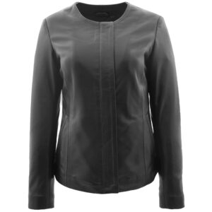 BUNERI Minimalist Black Real Leather Collarless Jacket