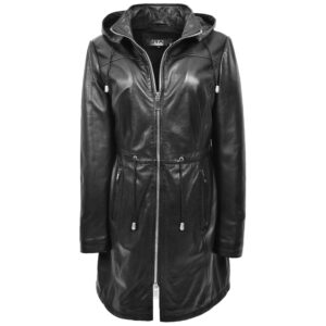 BUNERI Black Real Leather Hooded Parka Coat