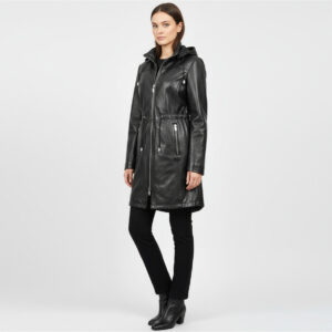 BUNERI Black Real Leather Hooded Parka Coat