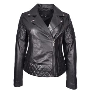BUNERI Women’s Real Leather Jacket Multi Cross-Zip Biker Fitted Quilted Black