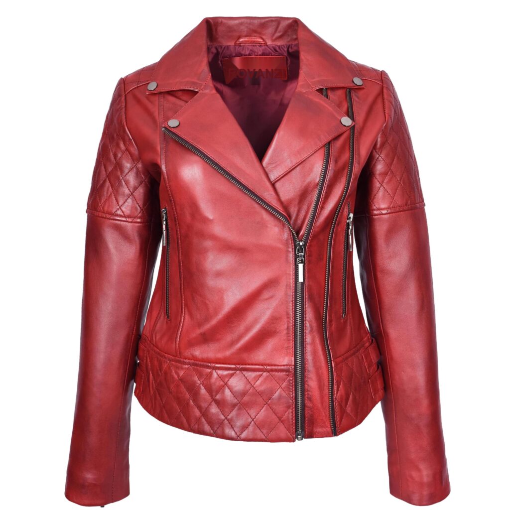 BUNERI Women's Burnish Red Leather Quilted Cross-Zip Biker Jacket