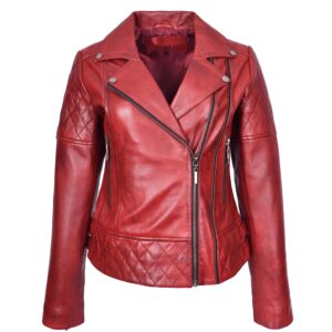 BUNERI Women’s Burnish Red Leather Quilted Cross-Zip Biker Jacket