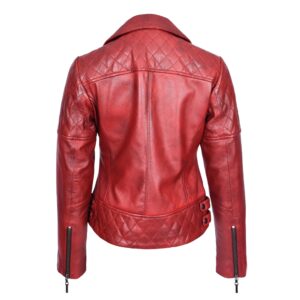 BUNERI Women’s Burnish Red Leather Quilted Cross-Zip Biker Jacket