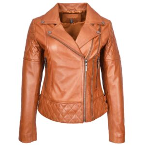 BUNERI Women’s Tan Leather Biker Jacket with Quilted Details