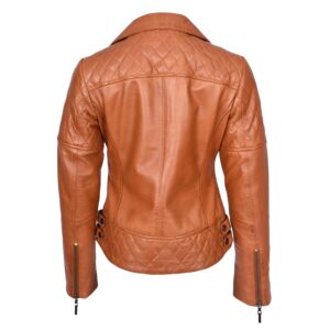 BUNERI Women’s Tan Leather Biker Jacket with Quilted Details