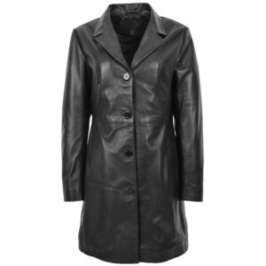 BUNERI F99 Women’s Black Real Leather Mac Coat 3/4 Length Classic