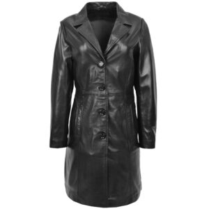 BUNERI Black Real Leather 3/4 Length Classic Mac Coat