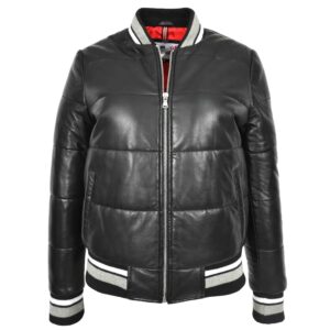 BUNERI Black Real Leather Puffer Bomber Jacket Women